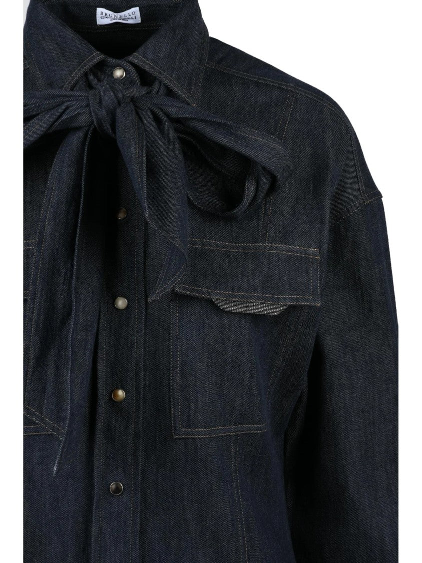 Brunello Cucinelli Fitted Dark Denim Shirt With Bow Tie Detail