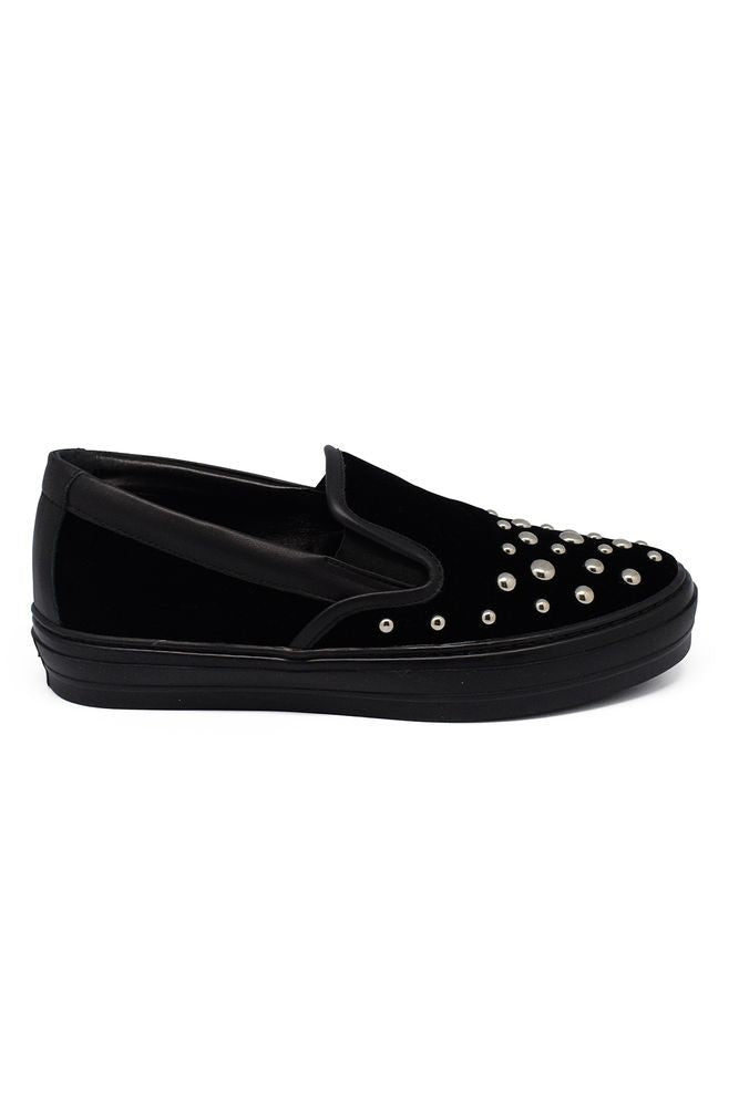 Salvatore Ferragamo Black Velvet Slip-On With Metallic Studs