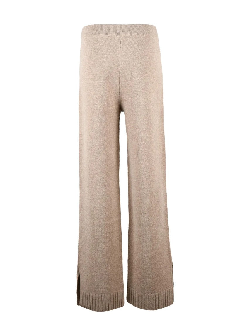 Tory Burch Beige Knit Trousers With Ribbed Waistband And Side Slits