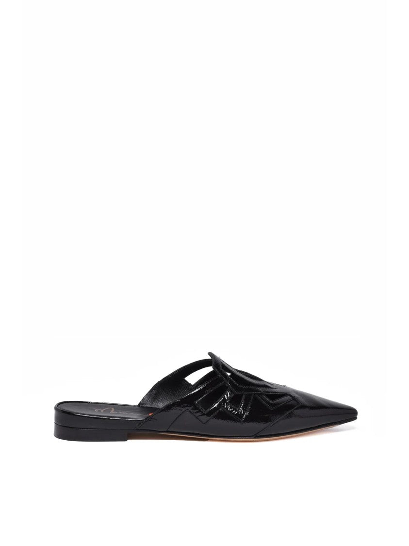 Masami Black Minimalist Cut-Out Patent Leather Mules