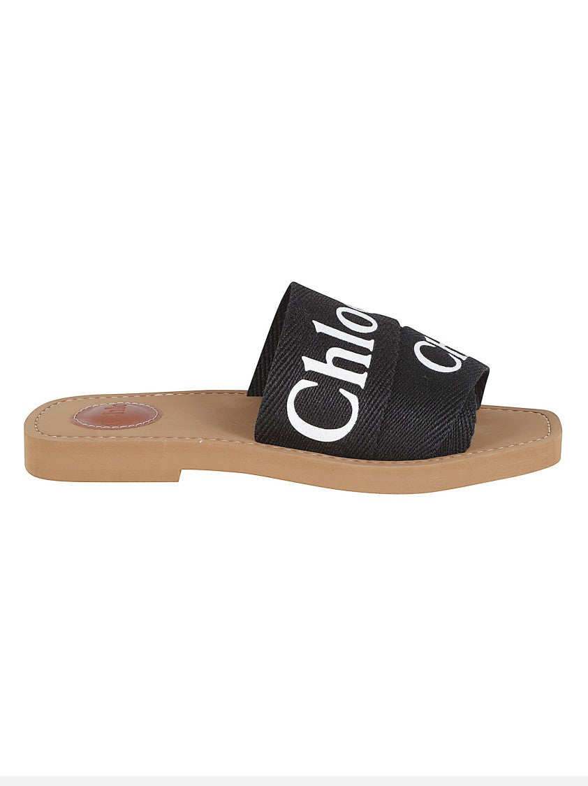 Chloé Flat Mule Sandals With Linen Straps And Contrasting Logo