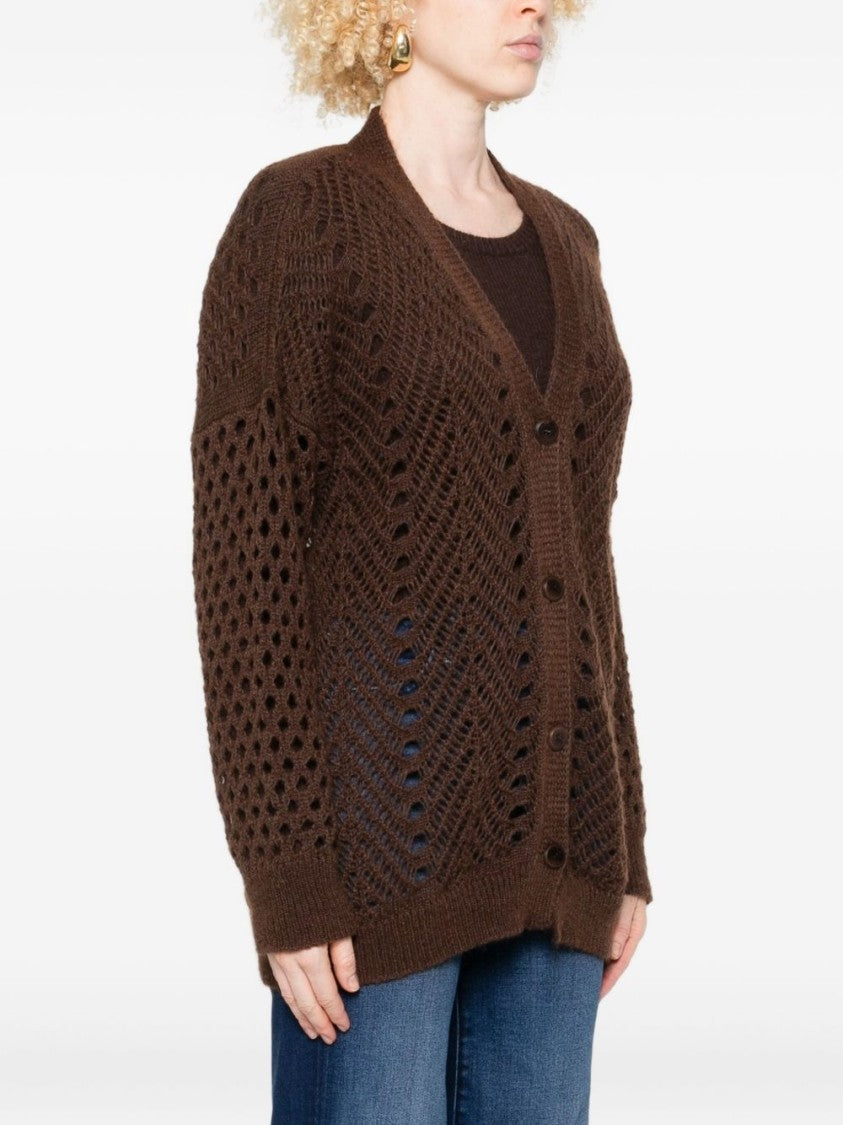 Twin-Set Open-Knit Brown Mohair And Wool Blend Cardigan