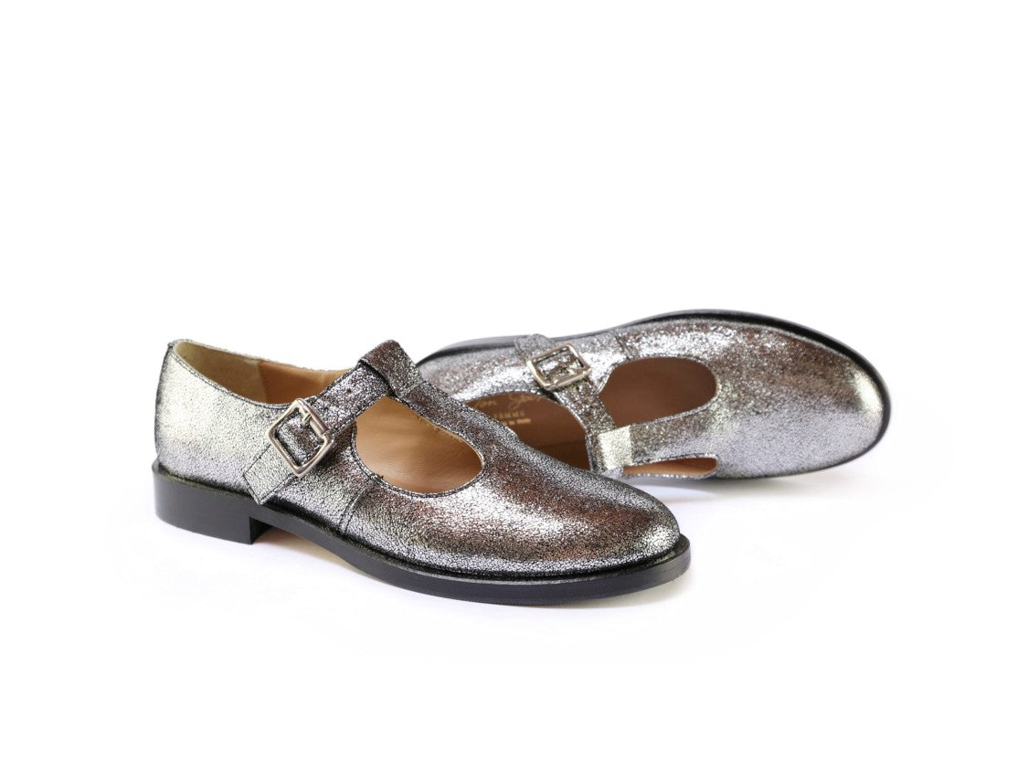 Ton Gout T-Strap Ballerinas With Cracked Metallic Finish