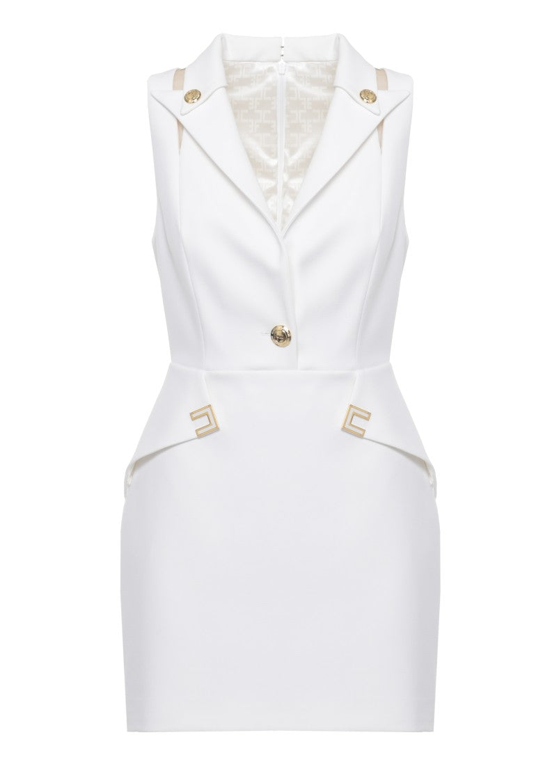 Elisabetta Franchi Sleeveless Ivory Dress With Structured Collar And Logo Embellishments