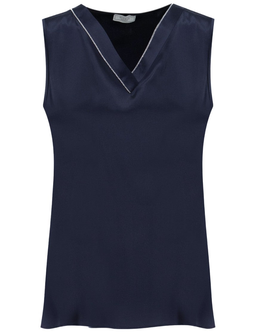 Peserico Silk Top With Jewel-Decorated V-Neckline