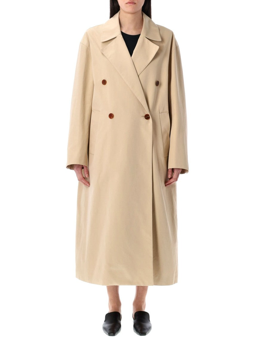 Low Classic Beige Double-Breasted Trench Coat With Notched Lapels