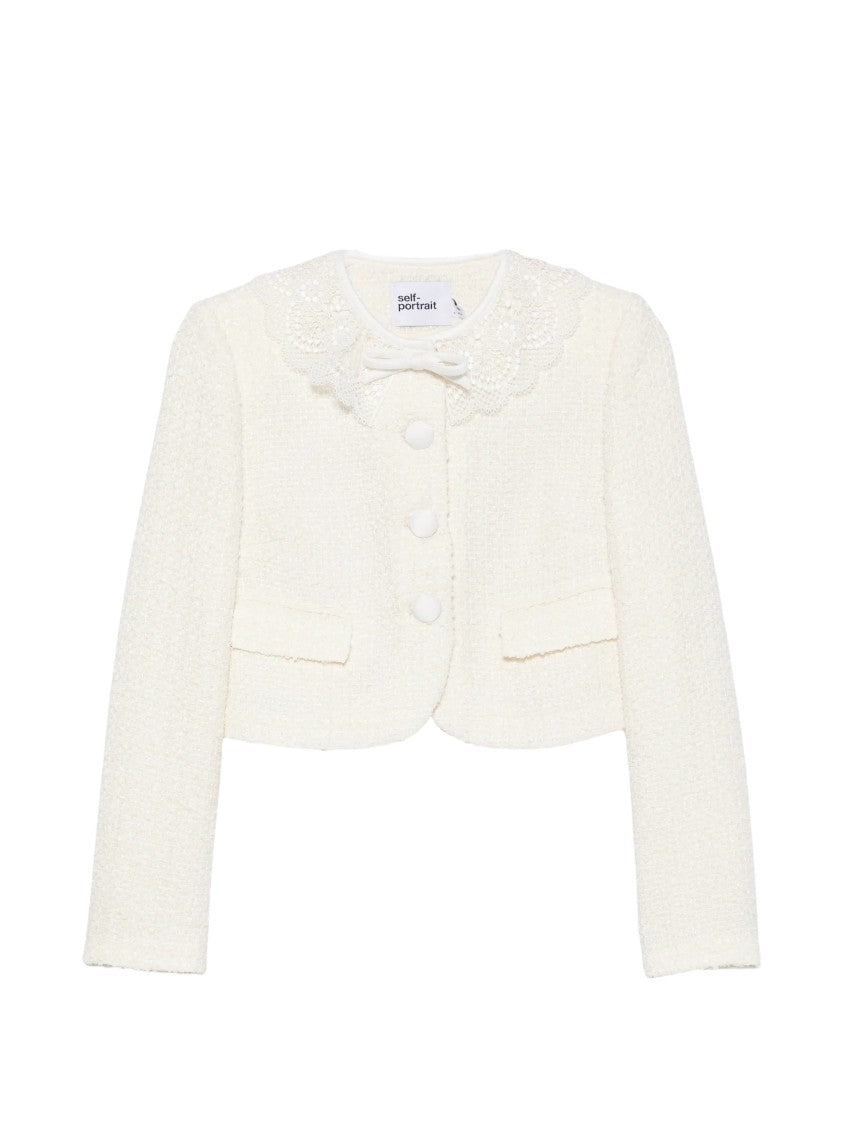 Self-Portrait White Boucle Cropped Textured Blazer