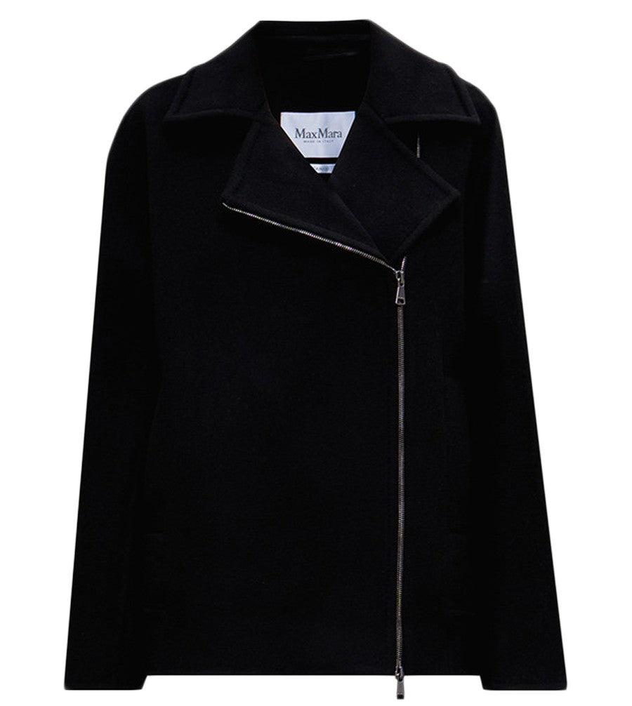 Max Mara Asymmetrical Zip Black Wool Coat With Wide Lapels And Side Pockets