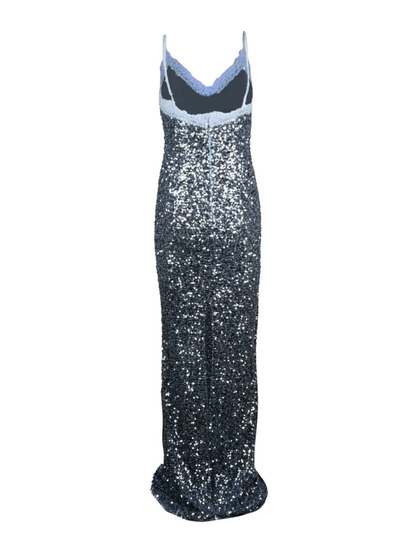 Elisabetta Franchi Silver/Light Blue Sequin Zip Long Dress