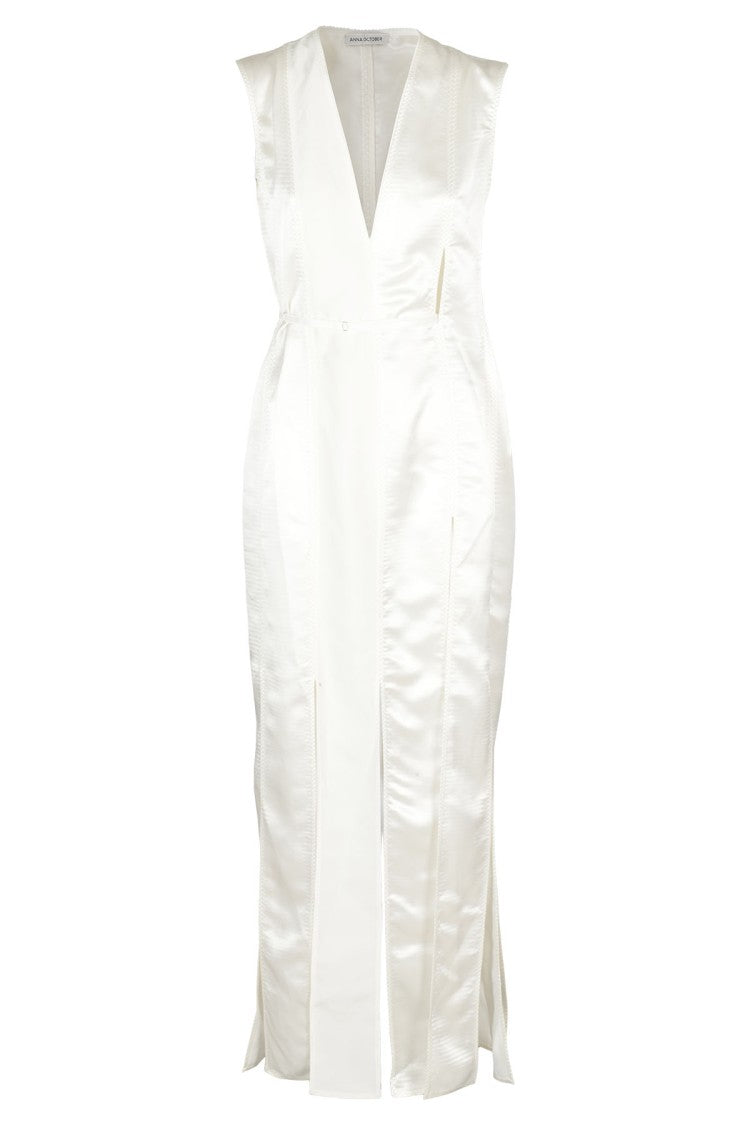 Anna October Long White Sleeveless Dress With Deep V-Neckline