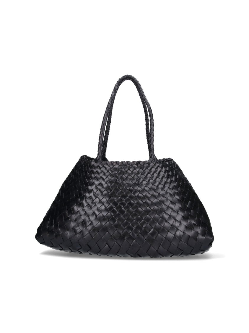 Dragon Diffusion Spacious Black Woven Leather Tote Bag With Braided Handles