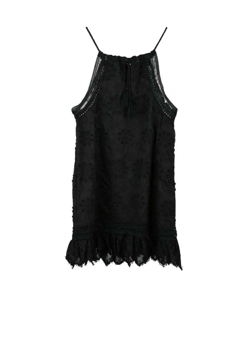 Weili Zheng Black A-Line Floral Embroidered Mini Dress