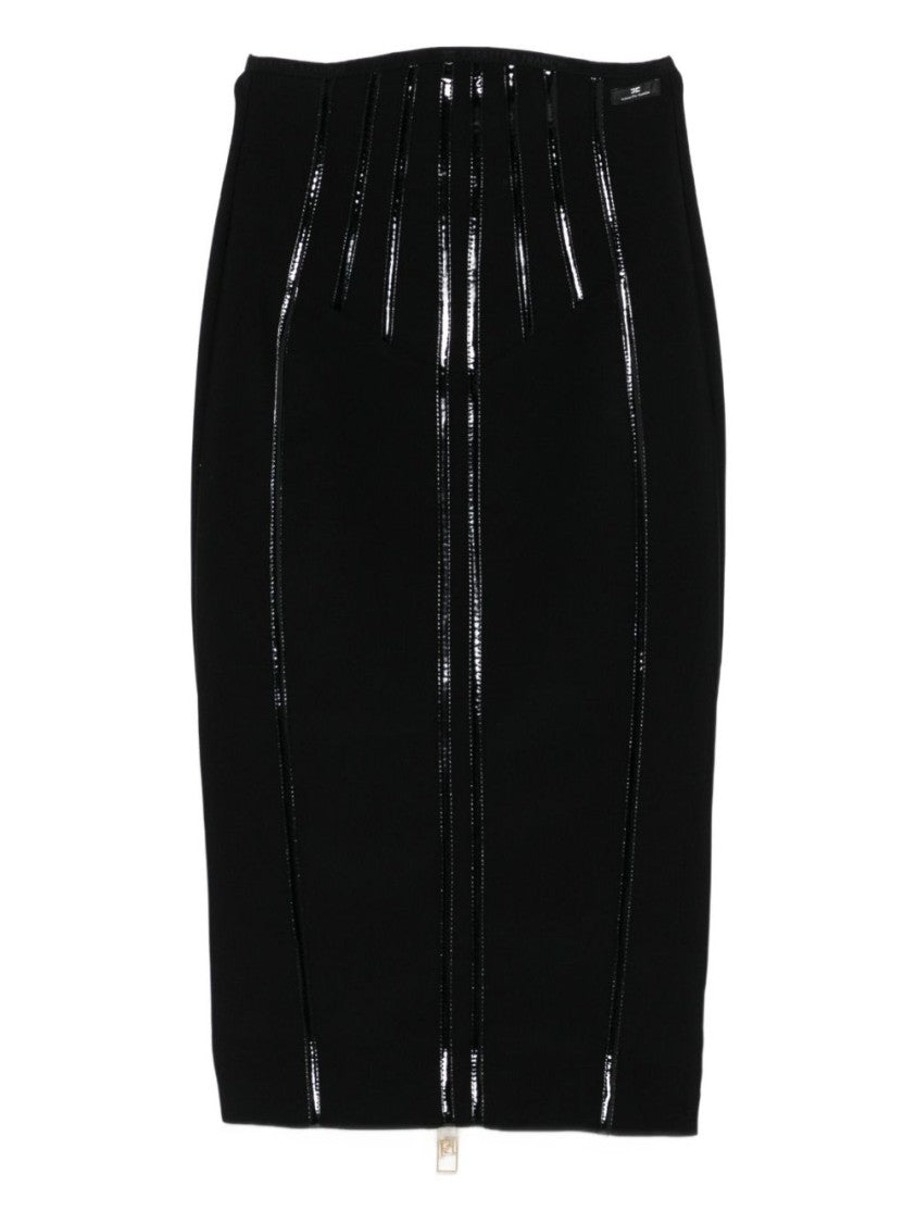 Elisabetta Franchi Black Midi Skirt With Glossy Vertical Accents