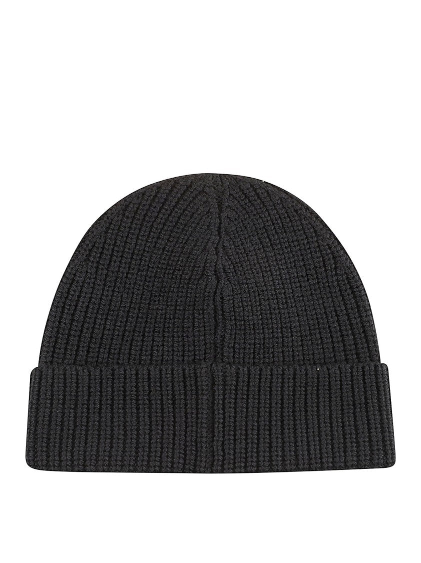Off-White Ribbed Knit Beanie Hat With Folded Cuff