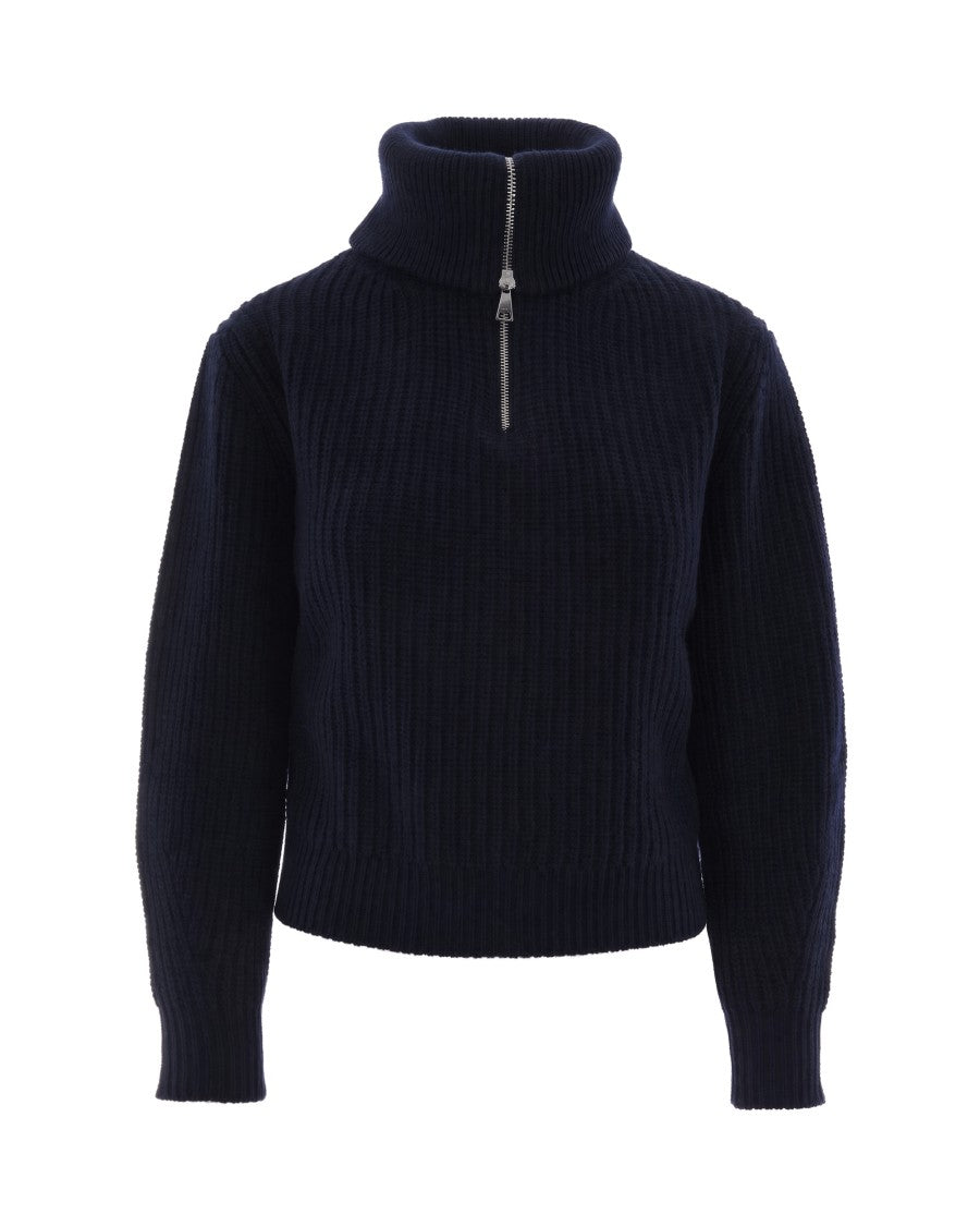 Max Mara Navy Blue Ribbed Virgin Wool High-Neck Half-Zip Sweater