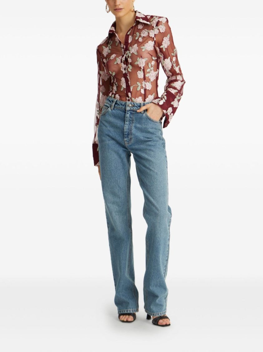 Rotate Semi-Transparent Burgundy Floral Embroidered Shirt