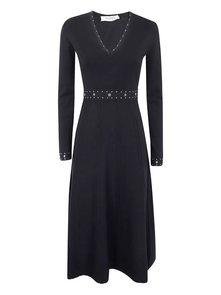 Twin-Set Fitted Black Maxi Dress With Studded Accents And Flowing Skirt