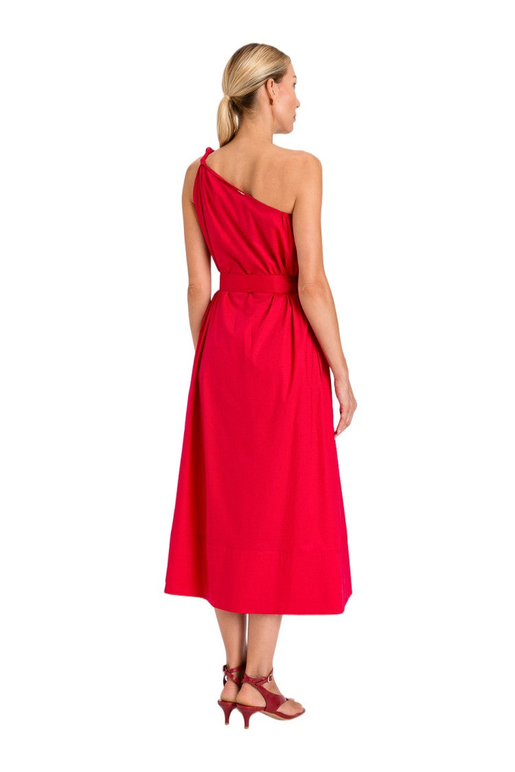 Twin-Set One-Shoulder Belted Asymmetrical Midi Dress