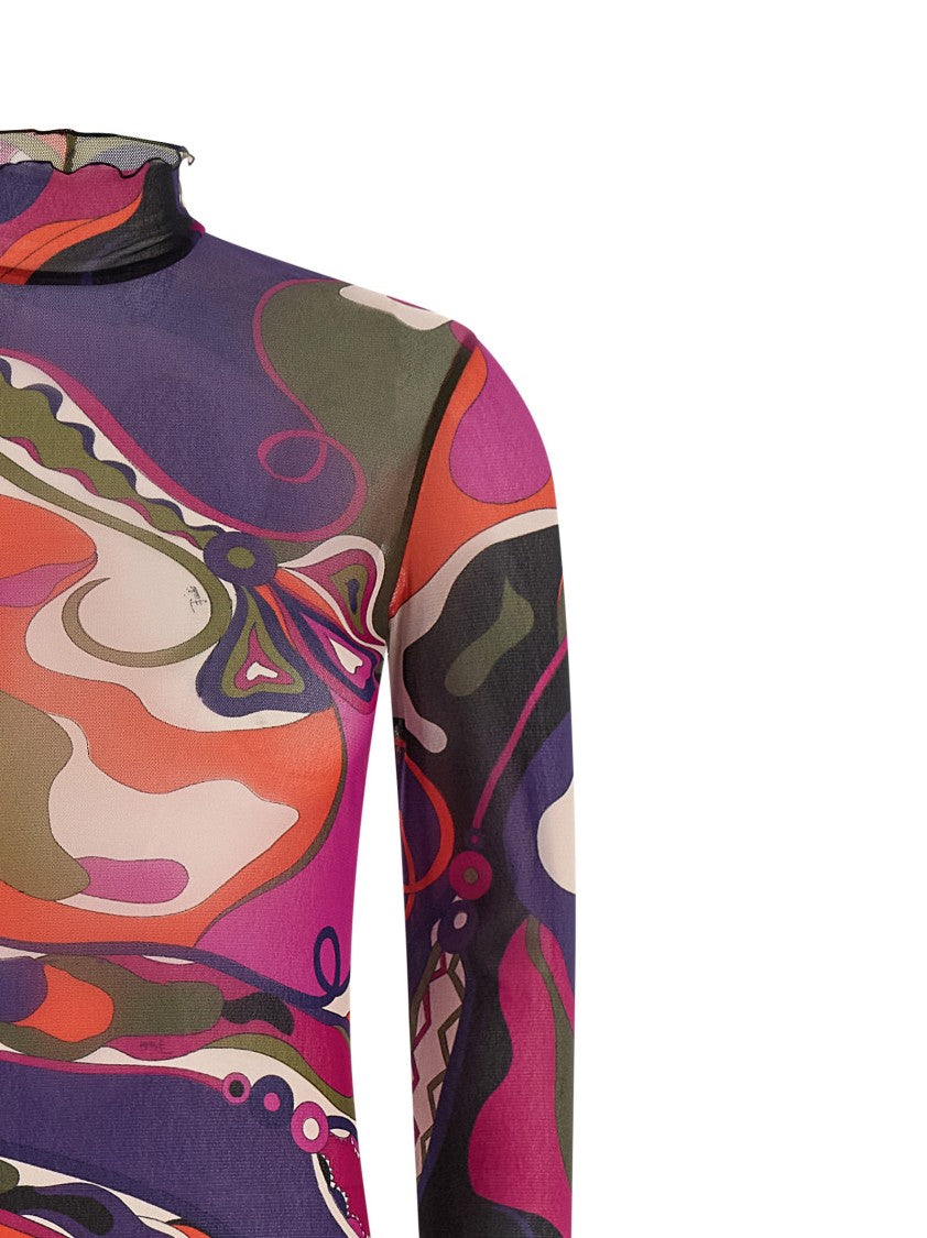 Emilio Pucci Printed Transparent Tulle Dress With High Neck