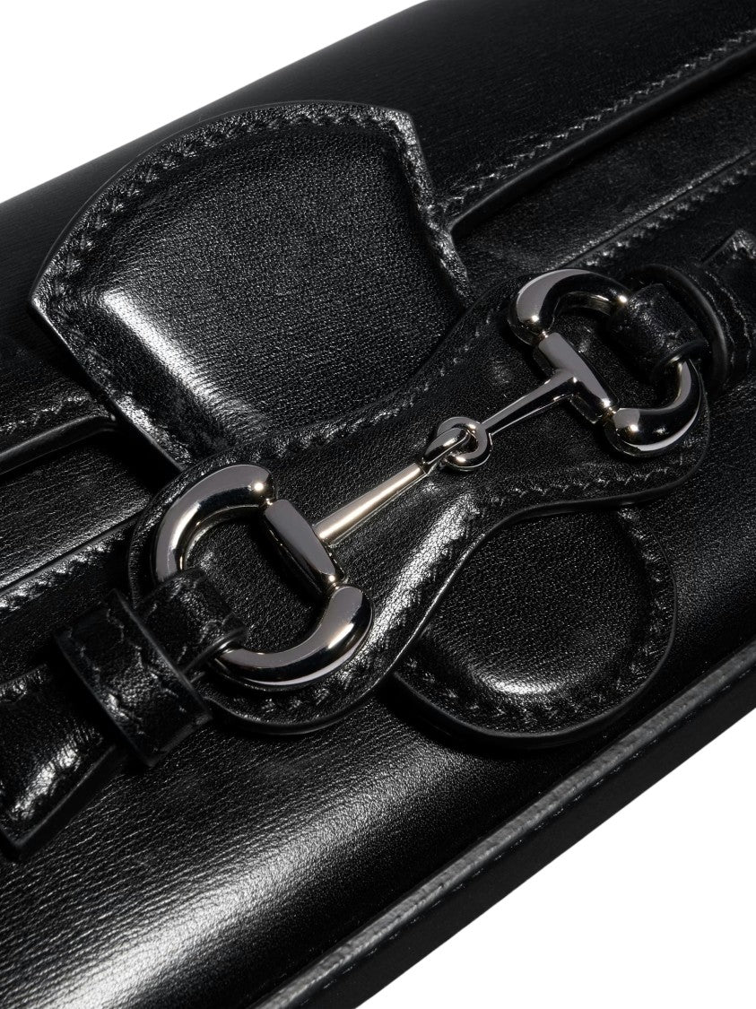 Gucci Rectangular Black Leather Shoulder Bag With Horsebit Detail
