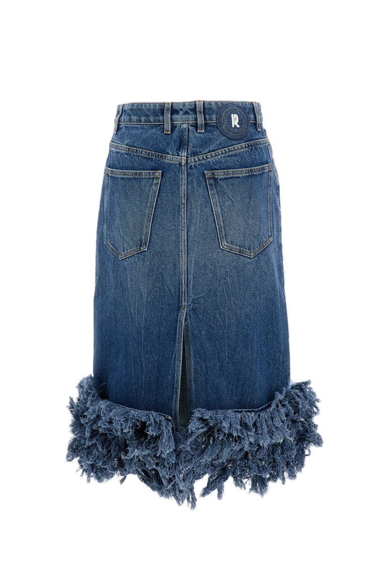 Rabanne Washed Blue Cotton Denim Frayed Hem Midi Skirt
