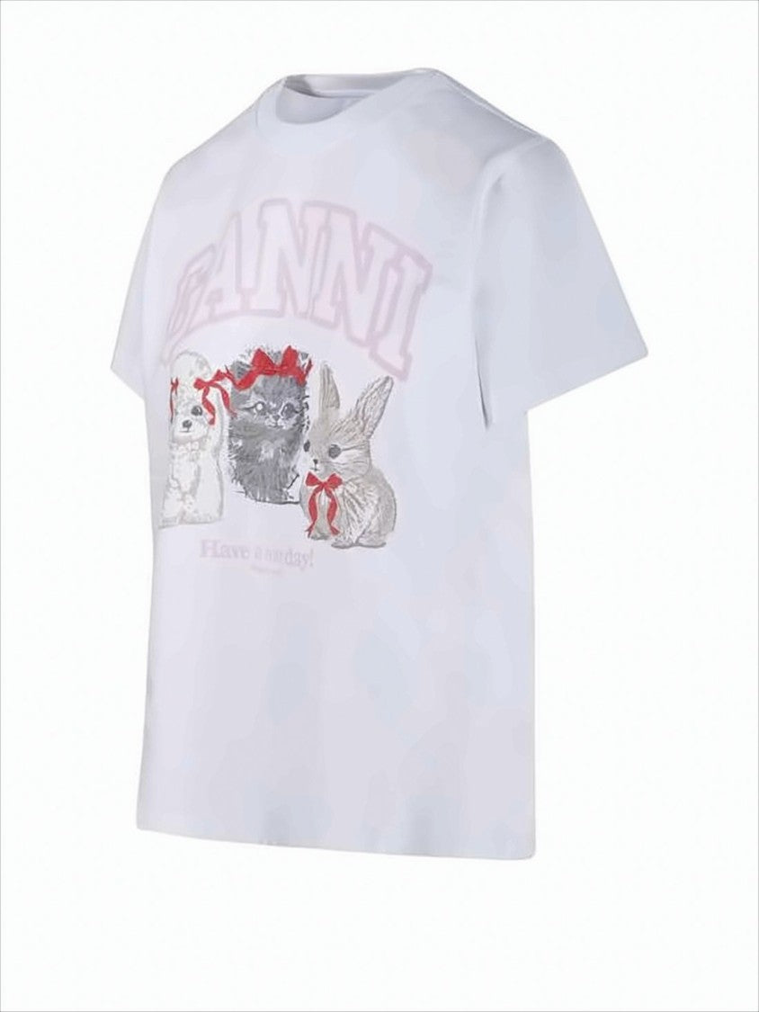 Ganni Short-Sleeved Cotton T-Shirt Featuring Playful Animal Graphics