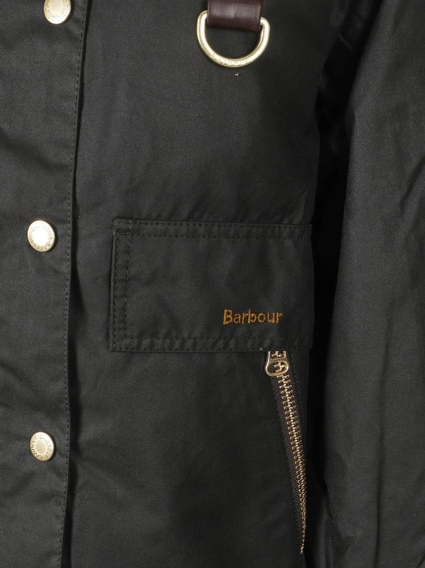Barbour Sage Waxed Cotton Jacket With Corduroy Collar And Classic Tartan Lining