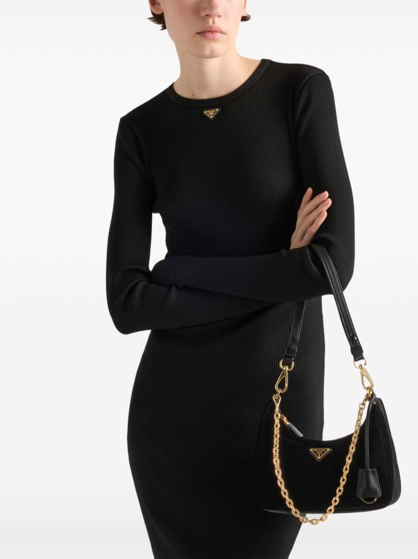 Prada Fitted Black Midi Dress With Ribbed Texture And Logo Detail