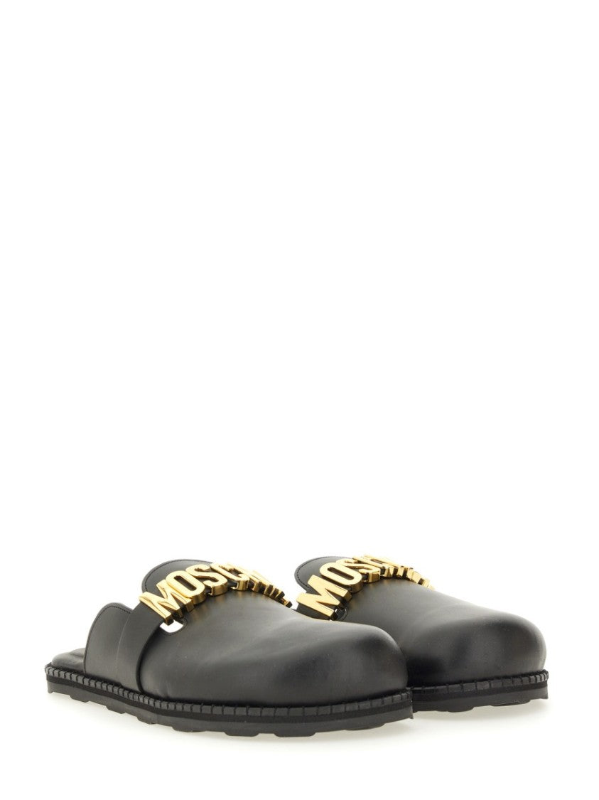 Moschino Black Leather Sabot Flats