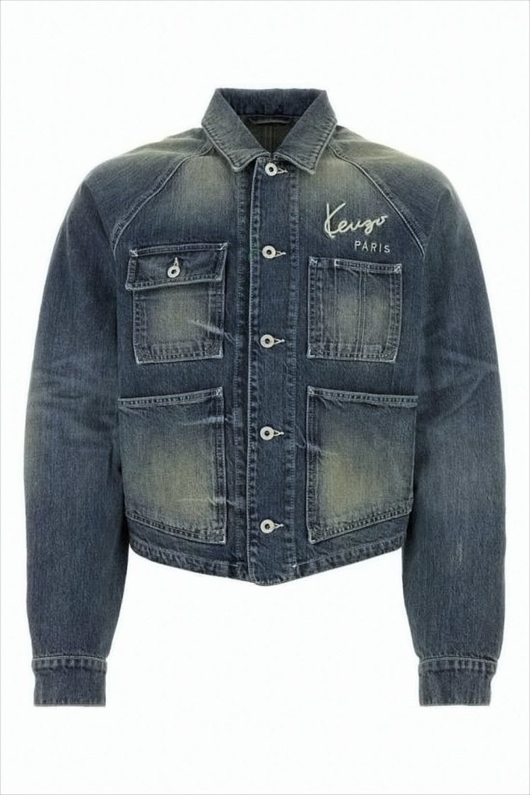 Kenzo Faded Wash Denim Jacket With Distressing And Embroidered Branding