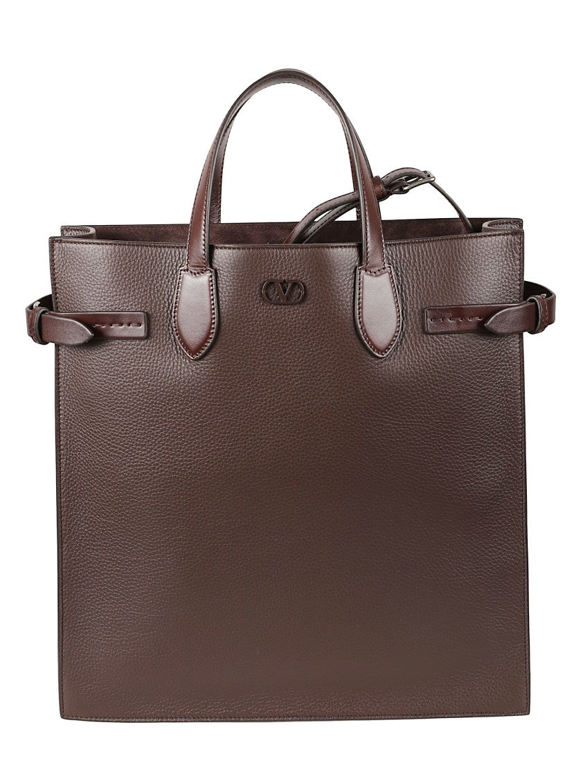 Valentino Garavani Structured Rectangular Tote Bag In Deep Brown Leather