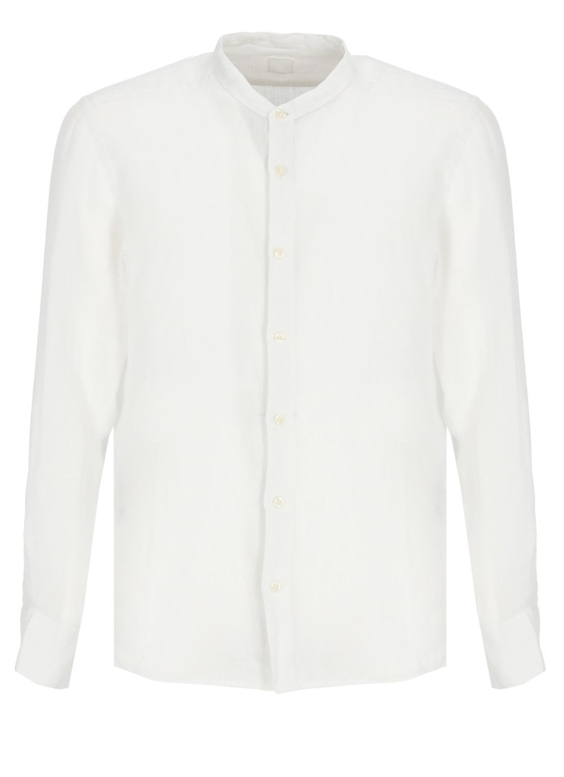 120% Lino White Mandarin Collar Linen Casual Shirt