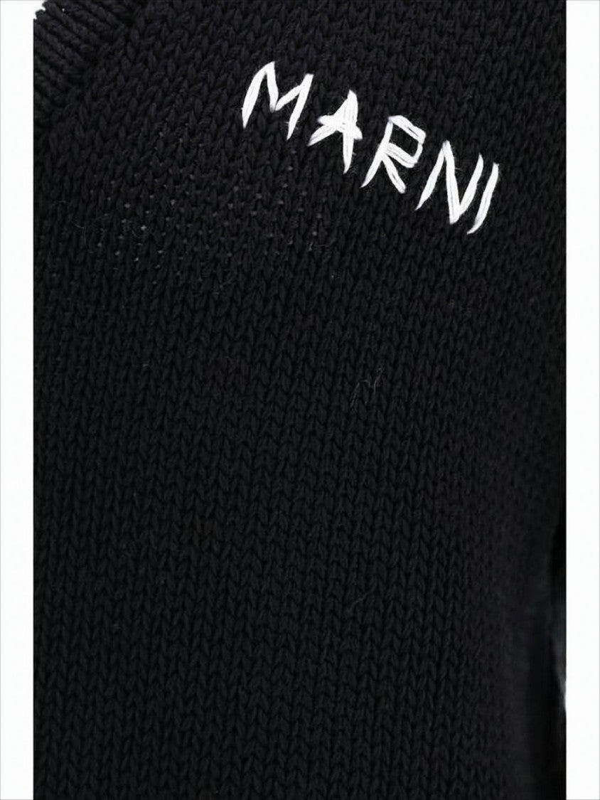 Marni Textured Black Knitted Cardigan With V-Neckline And Embroidered Logo