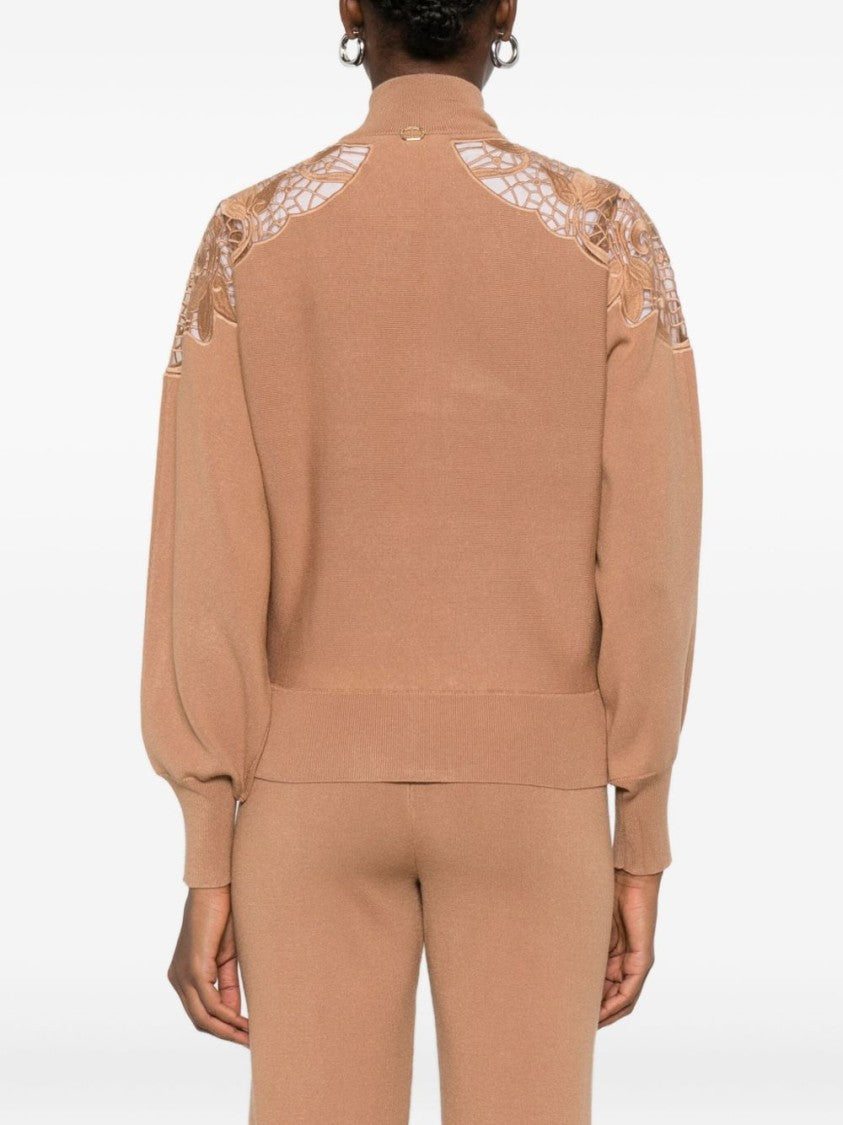 Twin-Set High Collar Lace Cut-Out Coat With Ribbed Hem