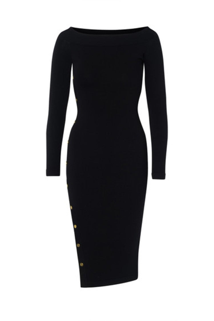 Elisabetta Franchi Fitted Black Midi Dress With Off-The-Shoulder Neckline