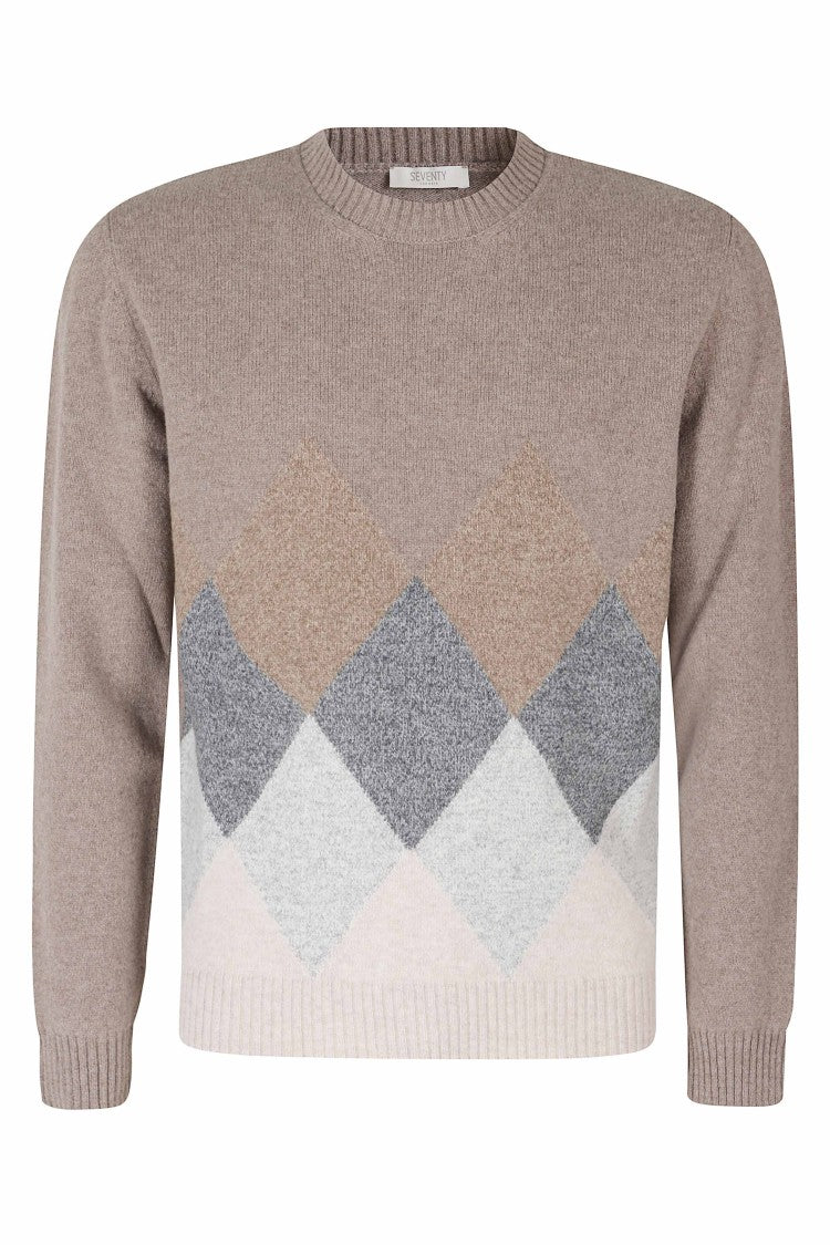 Seventy Brown Diamond-Pattern Wool-Blend Crewneck Sweater