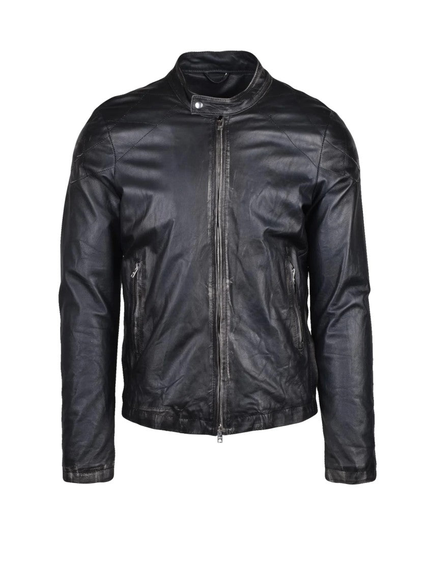 Wlg By Giorgio Brato Black Zippered Pockets Leather Biker Jacket