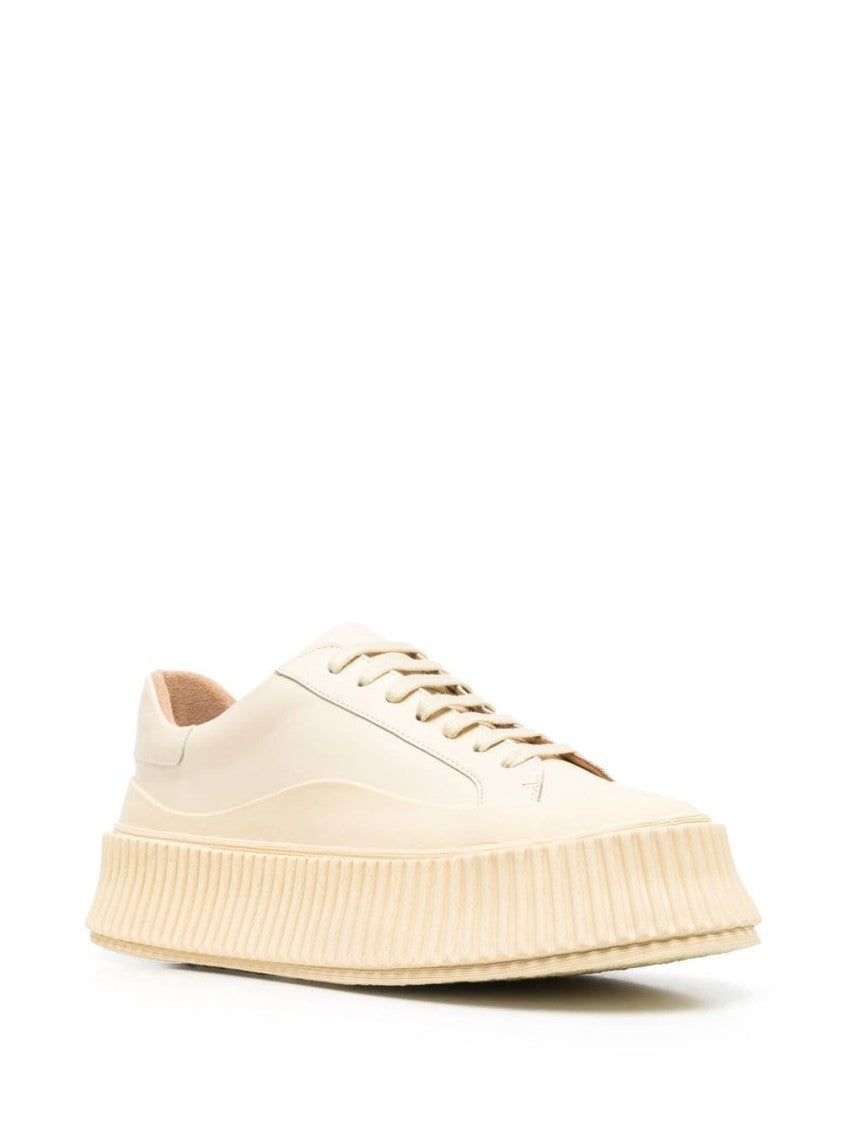 Jil Sander Monochromatic Beige Leather Sneakers With Ridged Sole