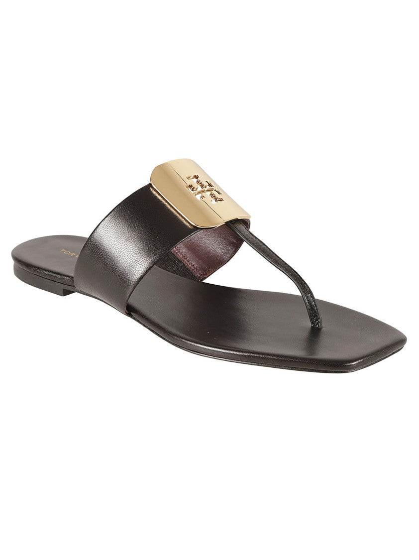 Tory Burch Black Sandals With Gold-Tone Logo Embellishment