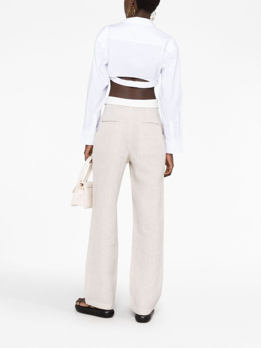 Jacquemus Cropped Off-White Stretch Cotton Shirt With Classic Collar And Fitted Silhouette