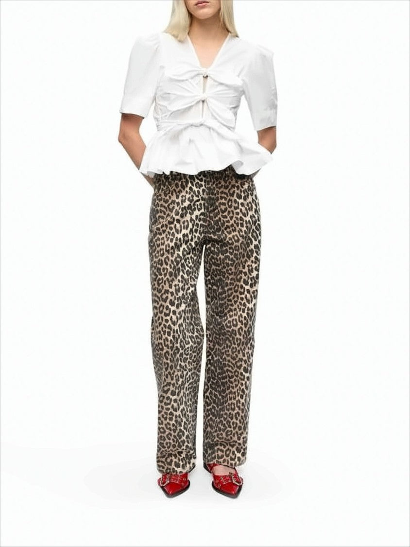 Ganni White V-Neck Blouse With Bow Ties And Peplum Hem