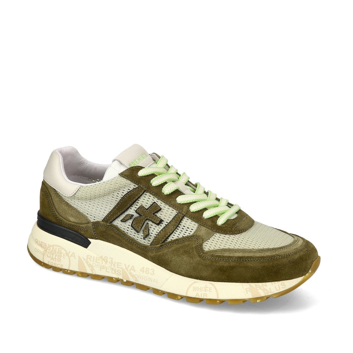 Premiata Landeck Sneakers In Green Suede And Natural Mesh Fabric