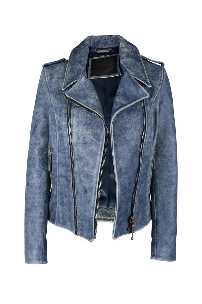 Philipp Plein Aged Blue Leather Perfecto Jacket