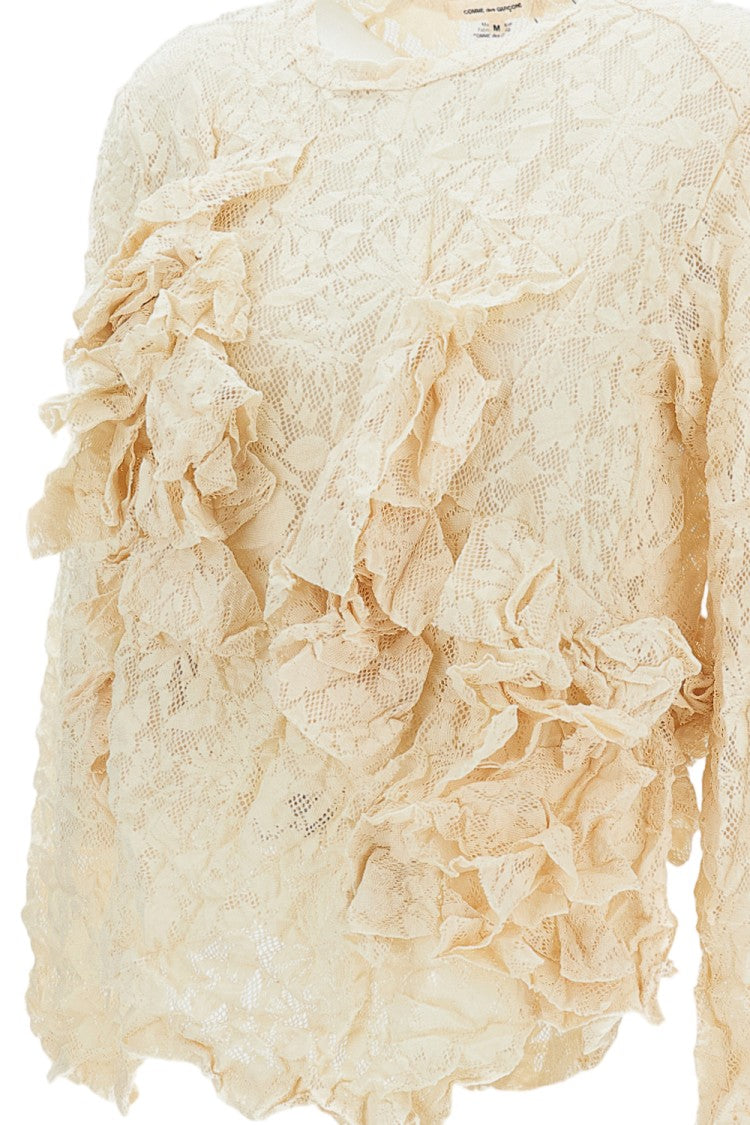 Comme Des Garçons White Crinkled Ruffle Lace Long-Sleeve T-Shirt