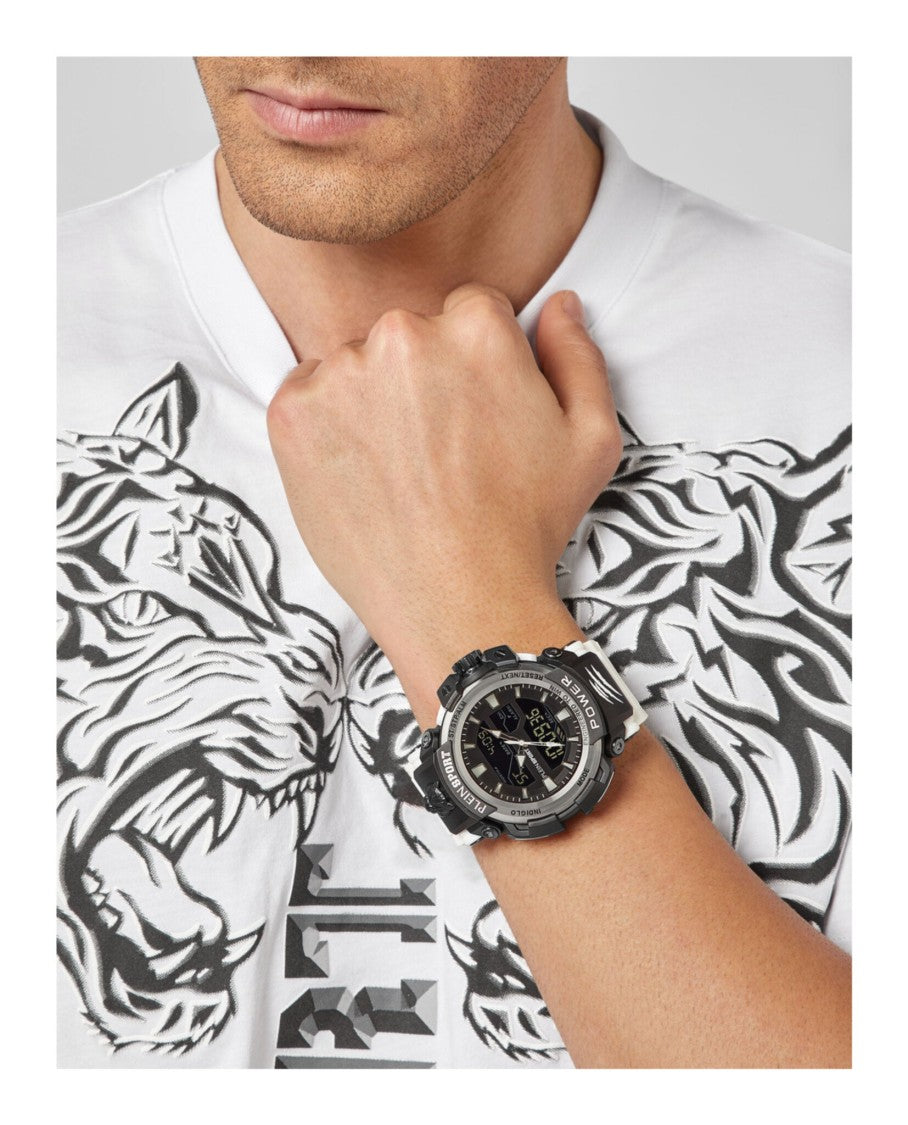 Plein Sport Digital Combat Watch With Rugged Black Case And Silicone Strap