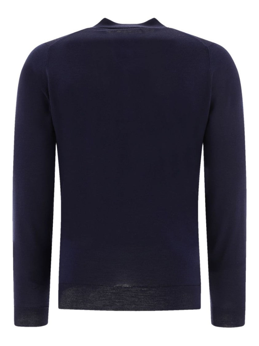 John Smedley Classic Navy Wool Long Sleeve Polo With Ribbed Cuffs