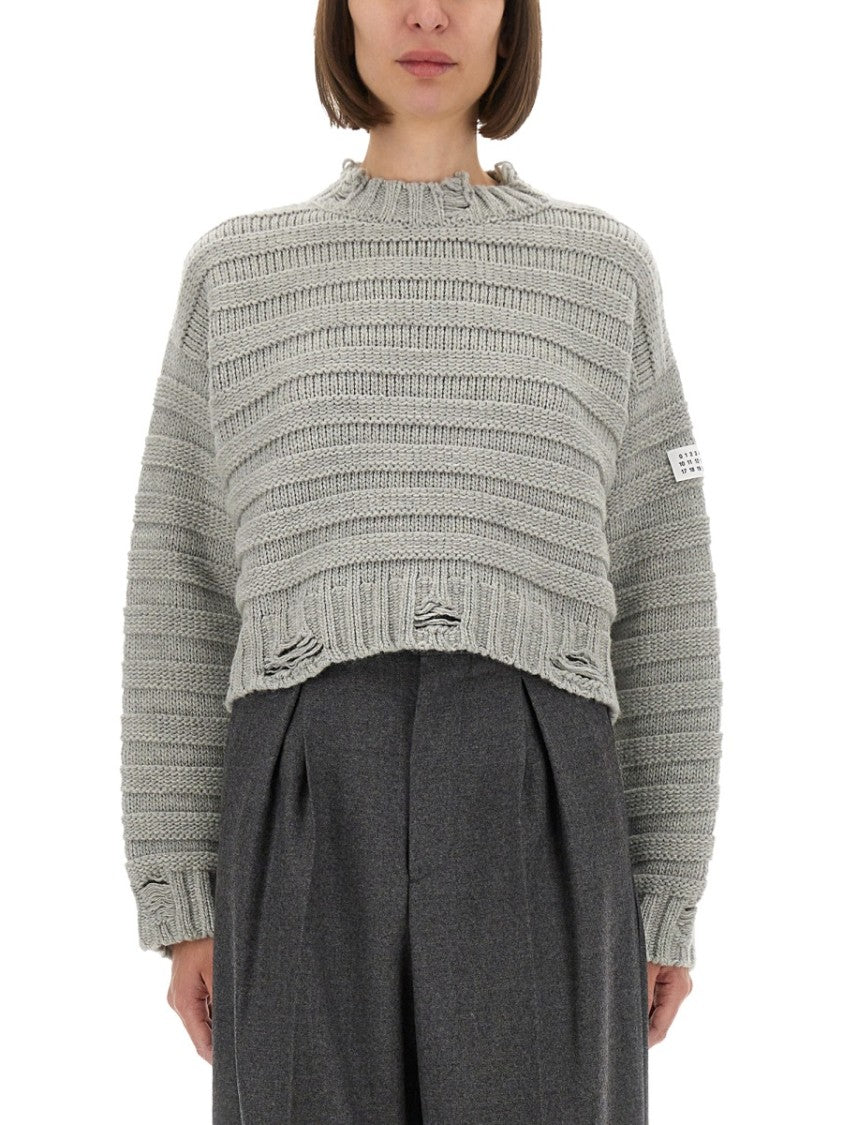 Mm6 By Maison Margiela Cropped Textured Knit Pullover With Distressed Hem