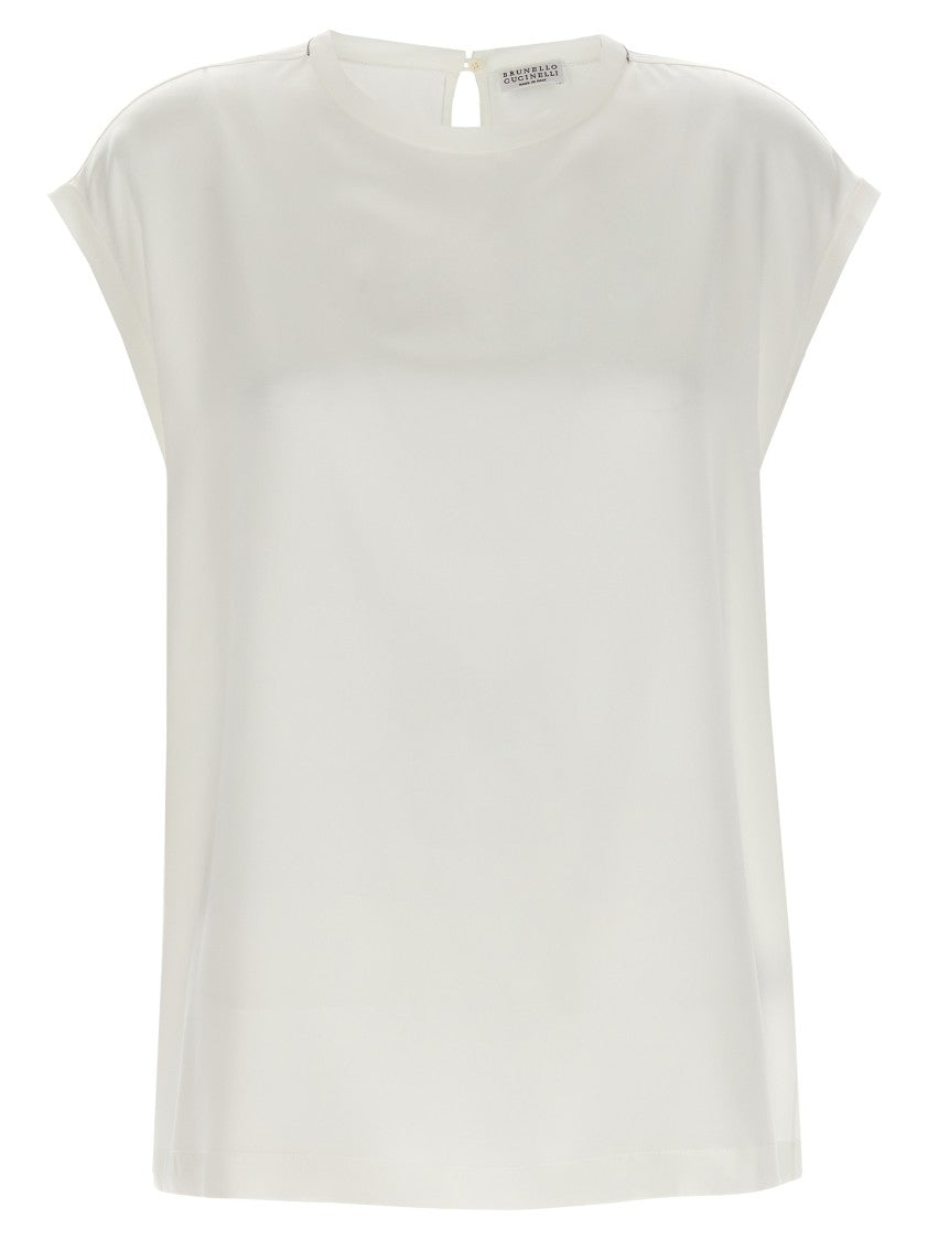 Brunello Cucinelli Silk Crewneck Blouse With Cut-Out Details