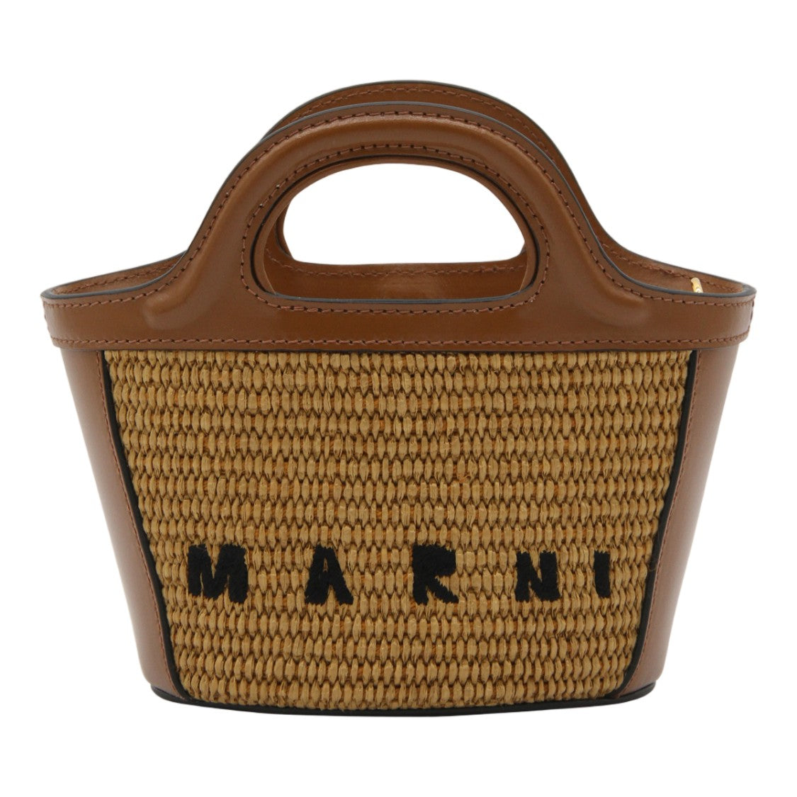 Marni Structured Woven Straw Handbag With Leather Trim And Graphic Details