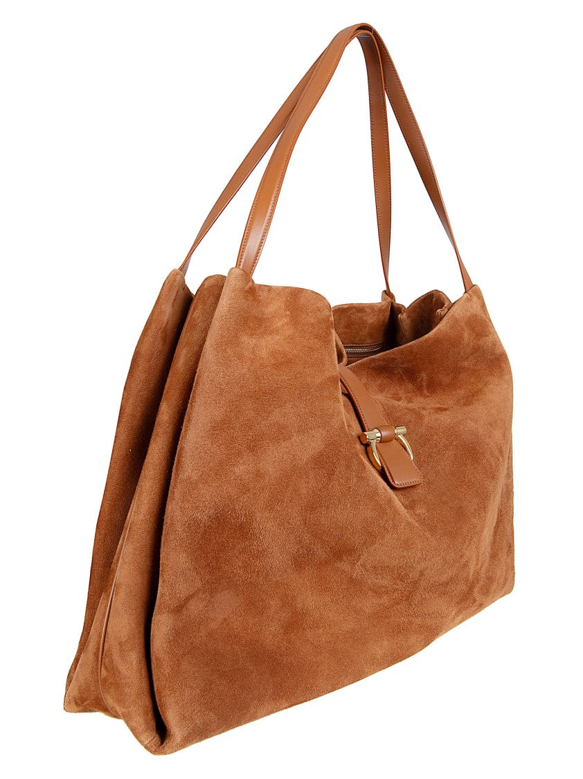 Ferragamo Medium Suede Leather Tote Bag With Gold-Tone Hardware
